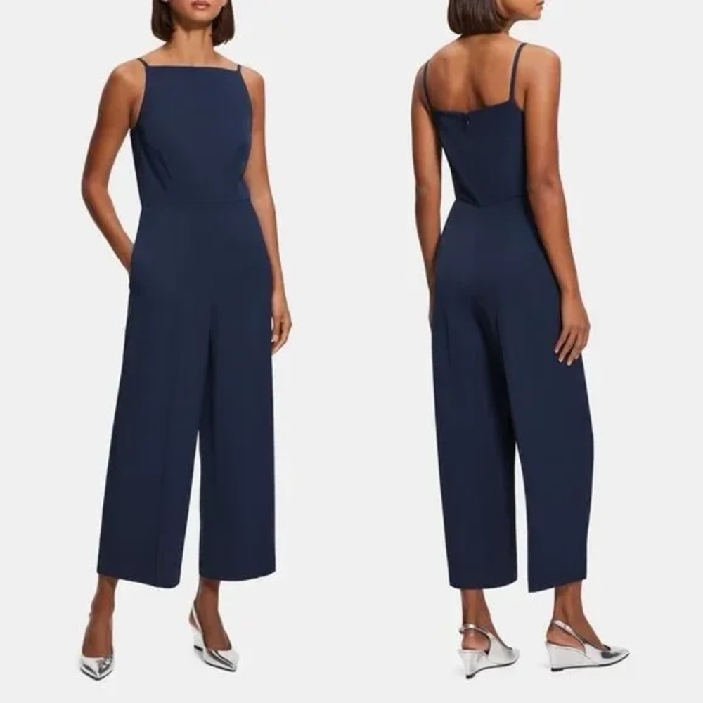 Theory Womens Navy Zippered Square Neck Cropped Jumpsuit 4